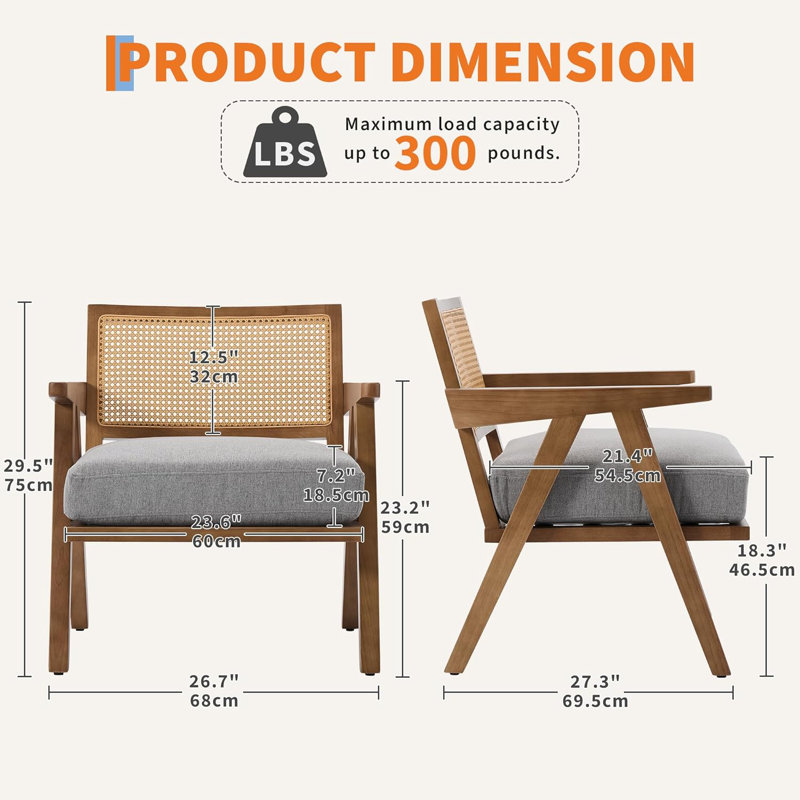 Chaise d'appoint Mid-Century moderne, chaises de salon confortables avec pieds en bois robuste, dossier en rotin, Lin gris