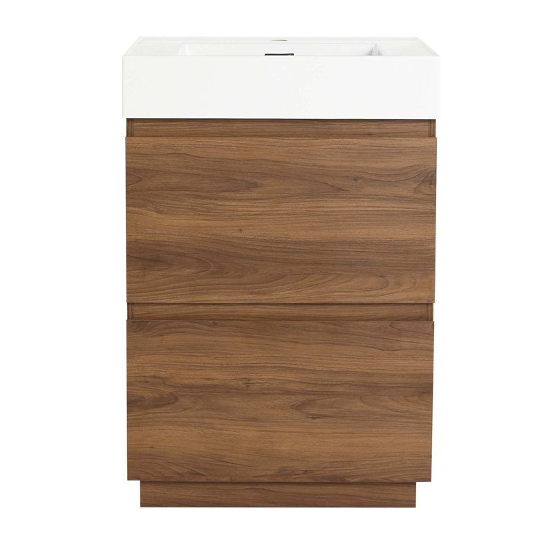 Meuble-lavabo moderne avec lavabo simple encastré et 2 tiroirs, Brun