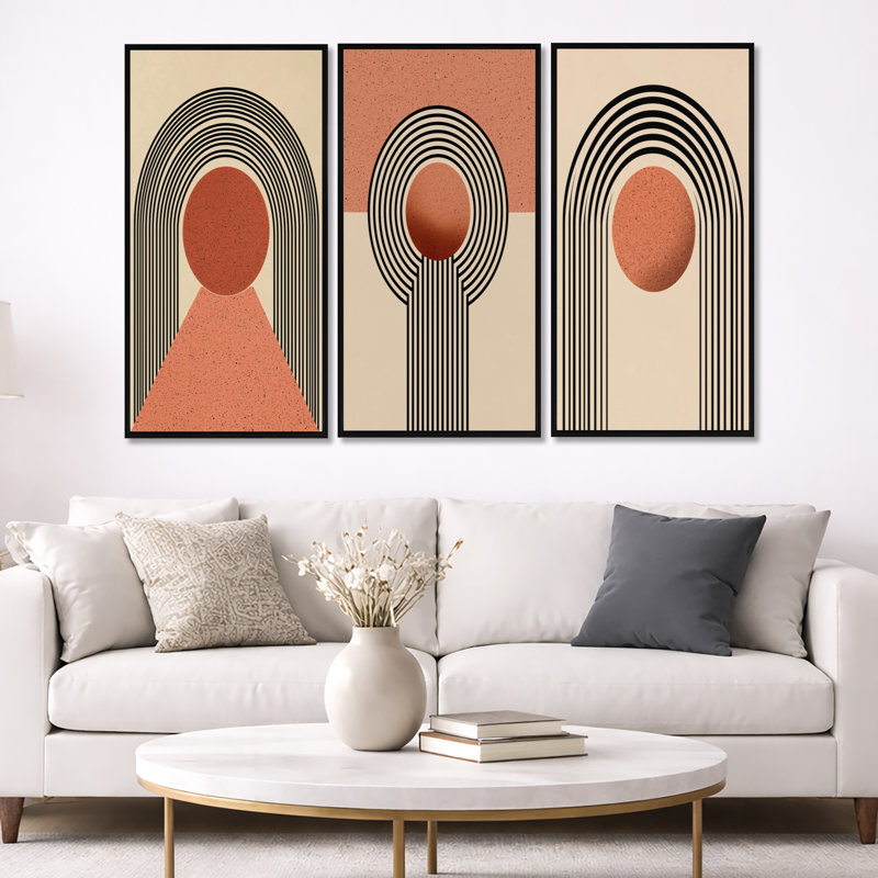 Vortex rétro orange et noir - décoration murale abstraite encadrée de style Mid-Century à 3 panneaux, H 40 po x l 60 po