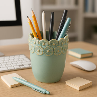 Accessoire de bureau en céramique festonné à bordure fleurie pour le rangement - Petit organisateur pour bureau, salle de bain, cuisine ou chambre à coucher - 4 po