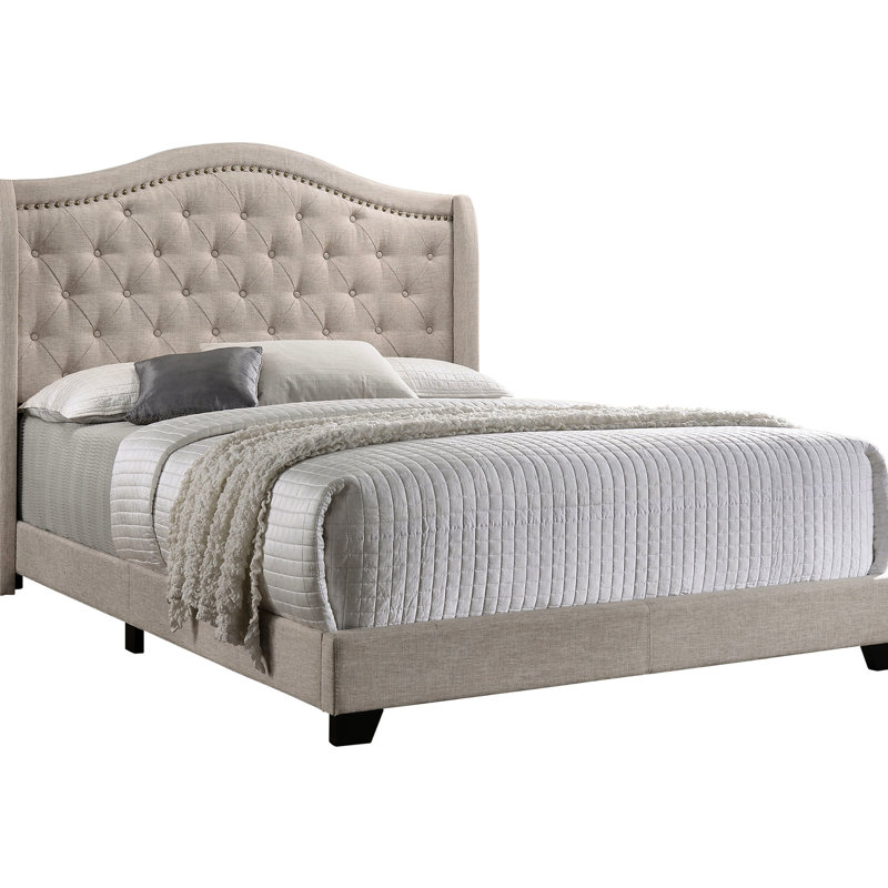 Queen Wingback Bed Of Copper Beige Color, Soft Padding In Leather, Classic Design For Bedroom Support And Decorative Appeal Upholstered Size Bed, Softly Padded, High - Back Modern Blend