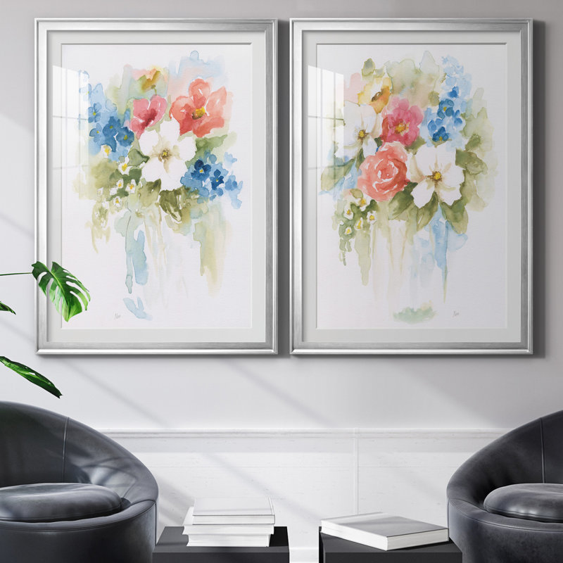 «Spring Medley I», ensemble de 2 reproductions d'art, H 26,5 po x l 73 po x P 1,5 po, Papier avec cadre argenté, Blanc