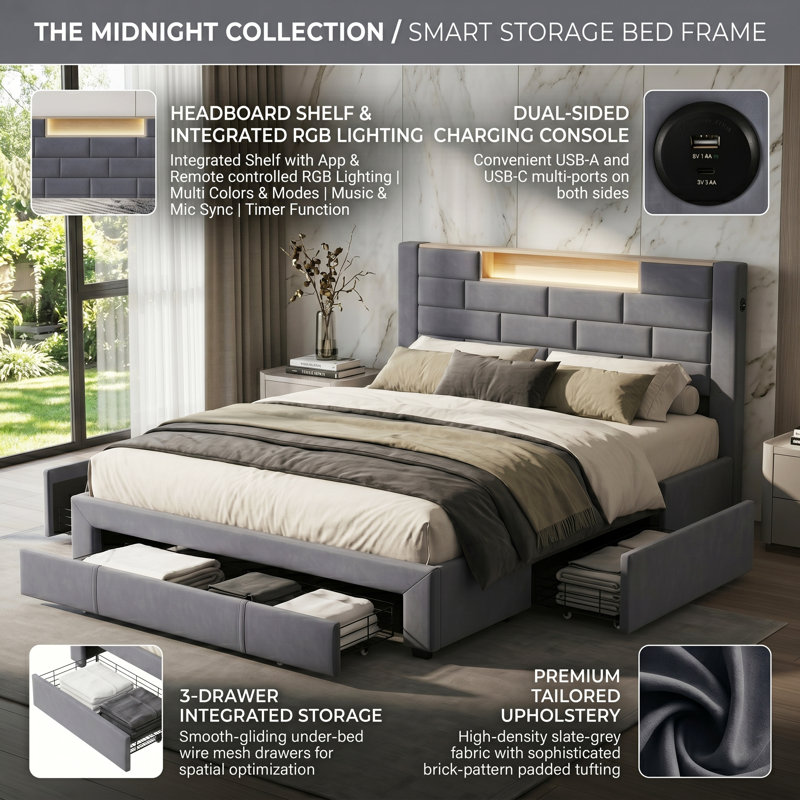 UK Velvet Storage Bed with USB-C Charging Ports, Upholstered Bed Frame with 3 Drawers & App-Controlled RGB LED Headboard