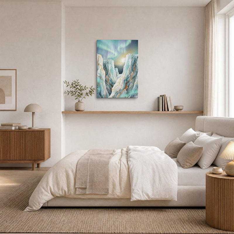 Art mural sur toile Teal Marble Mountains with Gold Veins under Aurora, H 36 po x l 24 po