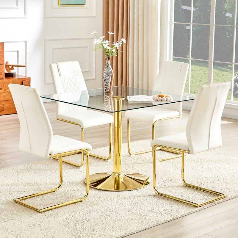 Glass Top Dining Set, Clear / Gold, White