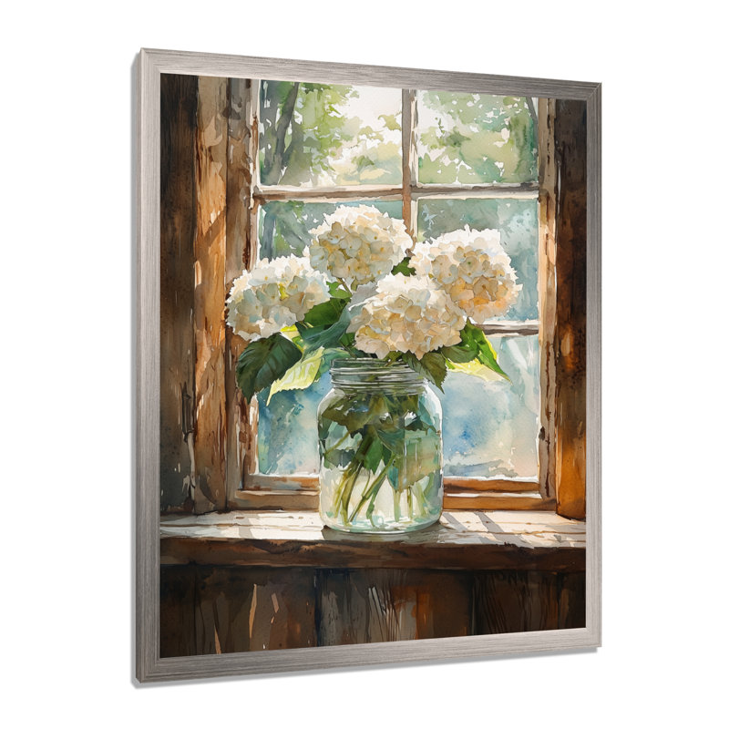 Ched Hydrangeas par la fenêtre - impressions murales florales, Argent argent, H 32 po x l 24 po