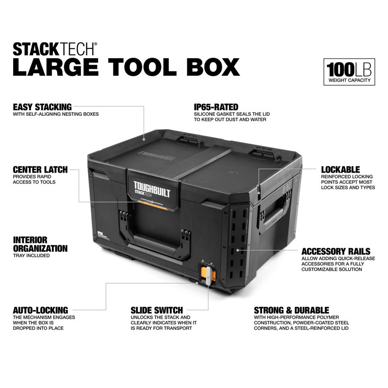  StackTech Large Tool Box with Auto-Locking Interface and Tray, 11.7" H x 21" W x 16" D