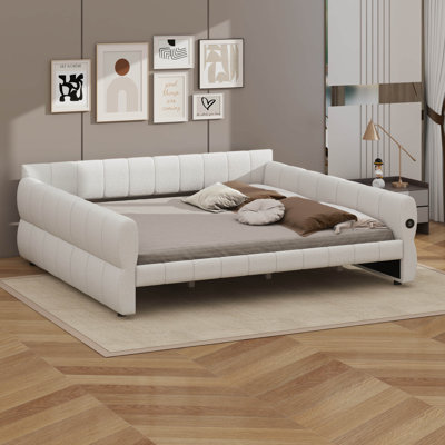 Upholstered Daybed, King Size Daybed Frame With 2 USB Ports, Backrest, And Armsets