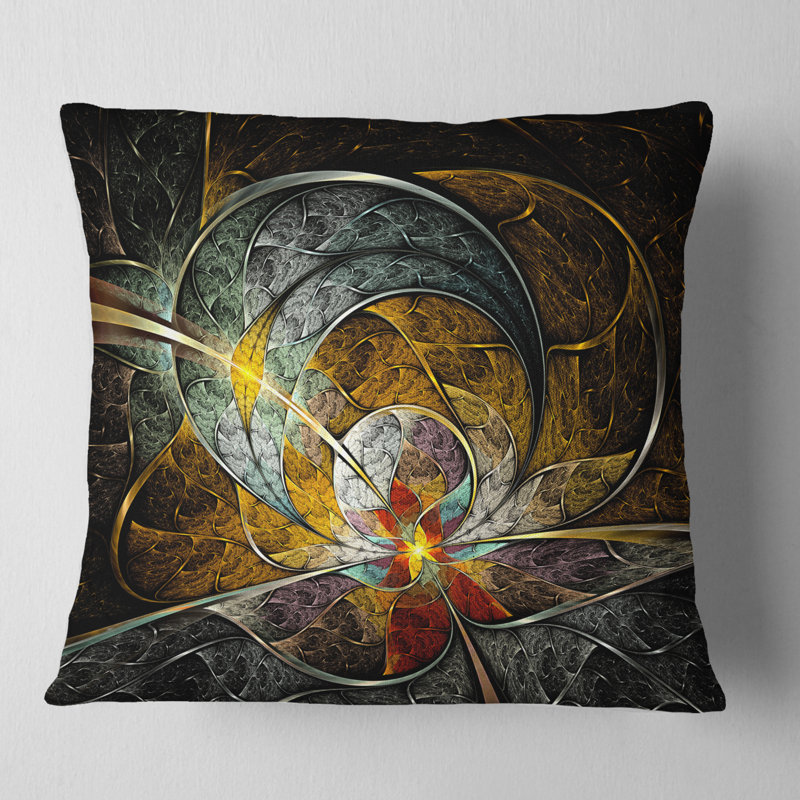 Art symétrique jaune numérique fleur - coussin imprimé abstrait, 16 po x 1 po, Coussin décoratif