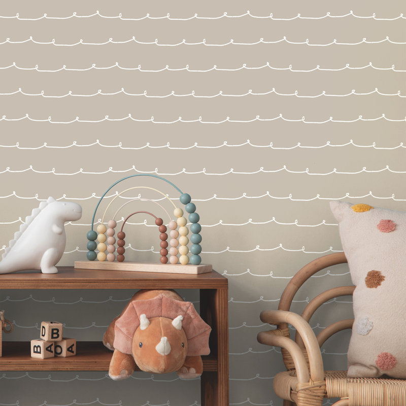 Papier peint rayé taupe Wiggle Line, Beige