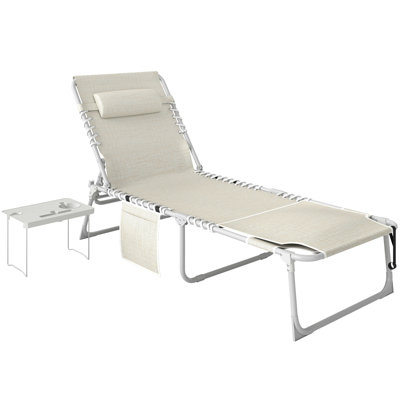 Outdoor Chaise Lounge Chair with Face Hole and Side Table, 5-Position Reclining Tanning Chair, Portable Folding Bed Cot for Patio Beach Pool