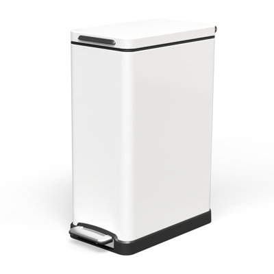 Home Zone Living 12 Gallon Slim Stainless Steel Kitchen Trash Can with Step Pedal and Soft-Close Lid, White