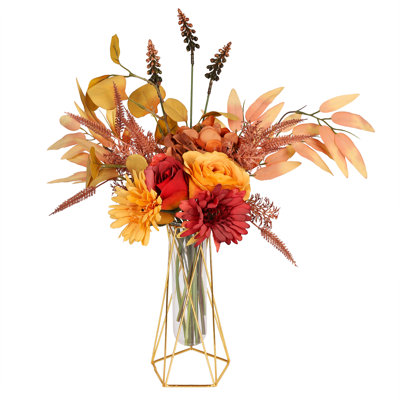 Fake Flowers In Vase Flower Vases With Iron Art Frame, Metal Pot Vases Artificial Flowers Rose, Silk Floral Geometric Flower Vase Gift For Living Room Decor