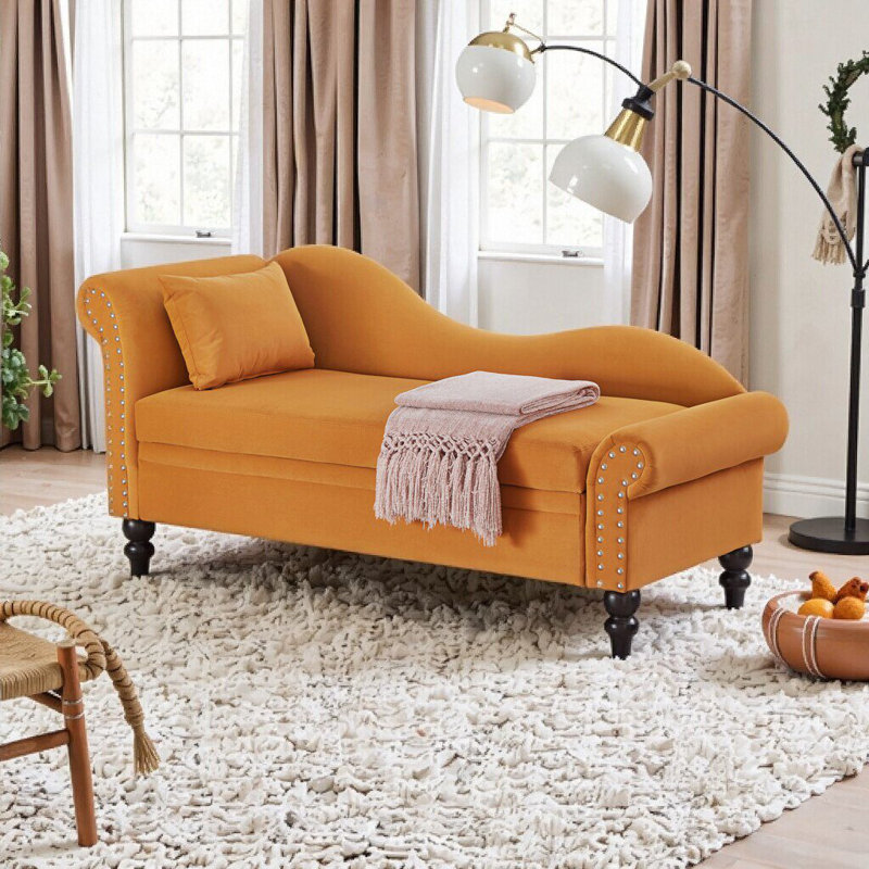 Chaise longue en velours avec rangement UNABO, chaise longue ergonomique avec accoudoir gauche et coussin lombaire