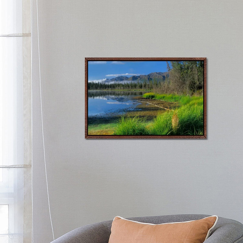 Nutzotin Mountains And Boreal Forest Reflected In Receding Lake, Alaska 1 Piece Floater Frame Wall Art on Canvas, Brown