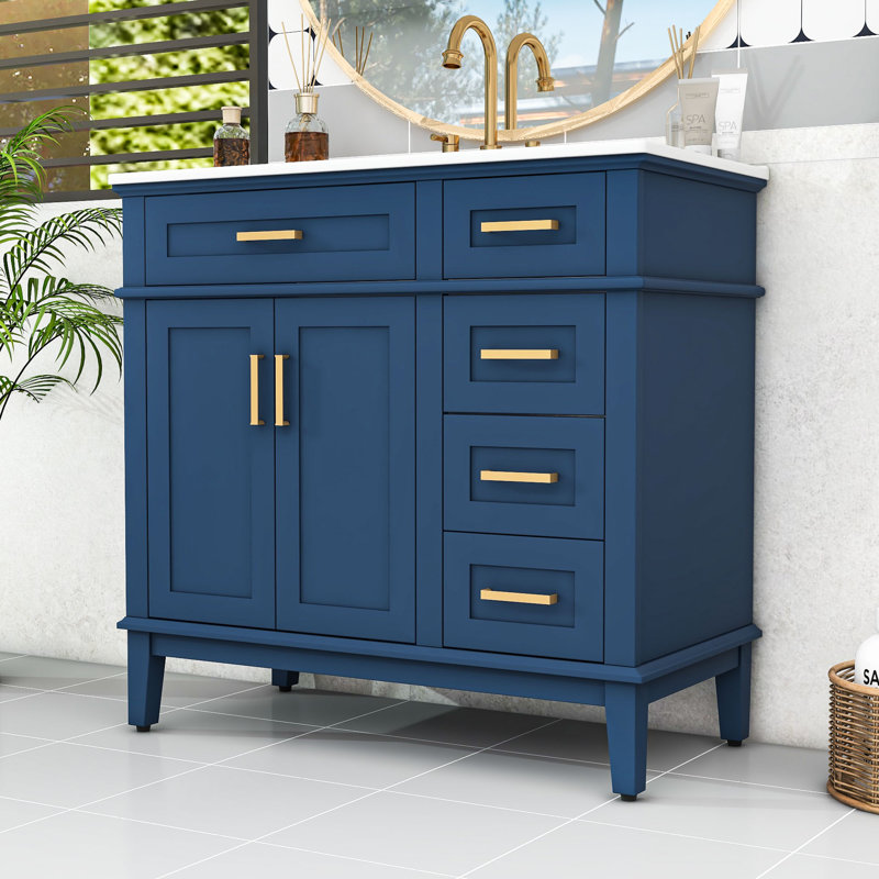 Meuble-lavabo de 36 po avec comptoir en céramique, portes à fermeture douce et 4 tiroirs de rangement, Bleu