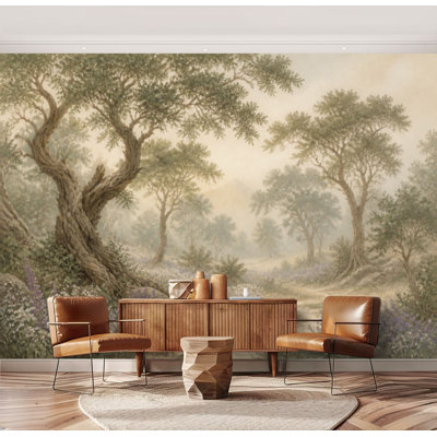 Wall Mural Peel and Stick Misty Forest Landscape lake Blooming Wildflowers Twisty Trees Large Wallpaper Self-Adhesive Removable Contact Paper Wall Decor for Living Room Bedroom Nursery 69"H x 96"W