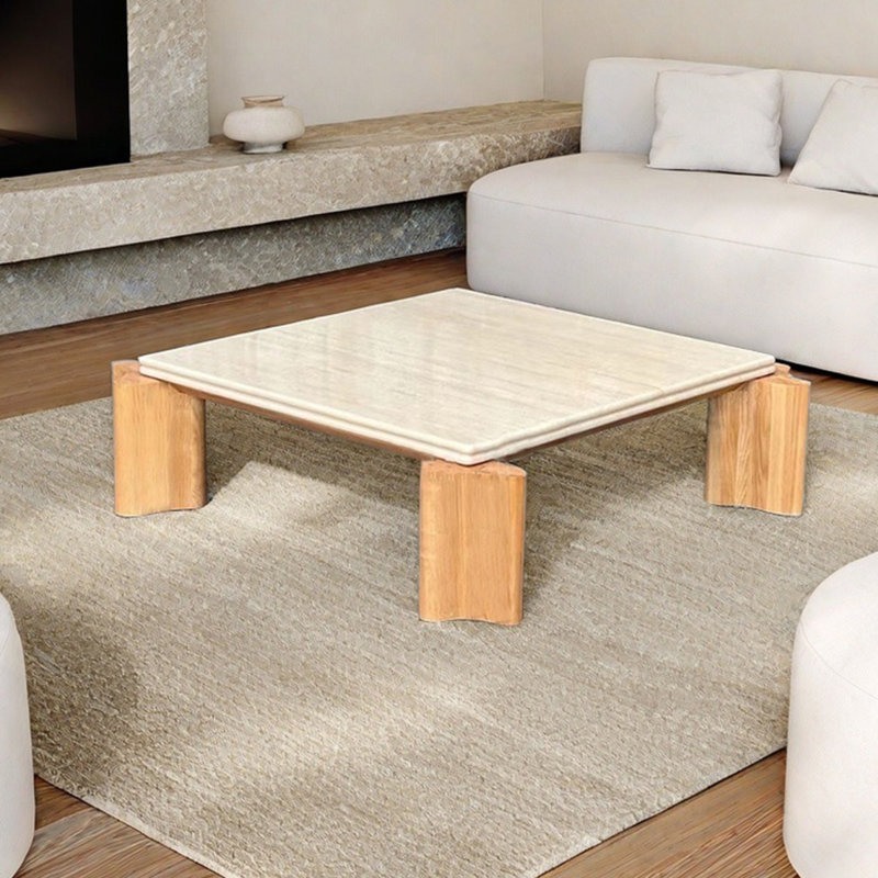 Table de salon carrée en bois massif avec trou en pierre, H 13,8 po x L 31,5 po x l 31,5 po, Blanc