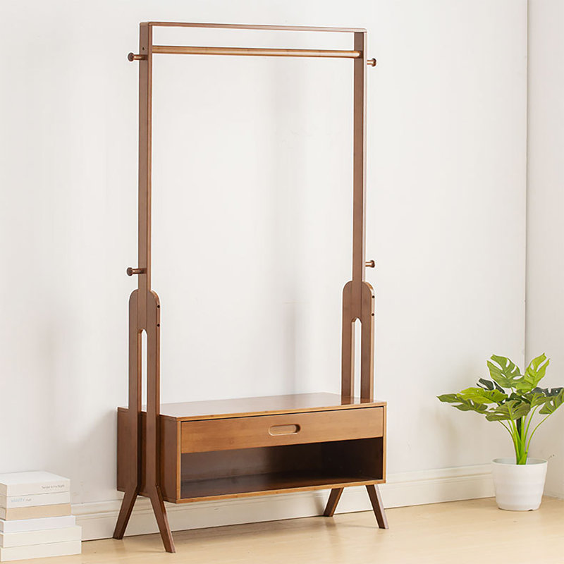 Bamboo Garment Rack with Drawer and Hooks, Freestanding Clothes Rack for Entryway, Bedroom