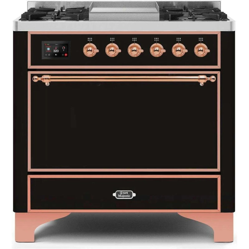 Cuisinière à double combustible 36 pouces avec 6 brûleurs scellés et plaque chauffante ILVE Majestic II Series (porte pleine)