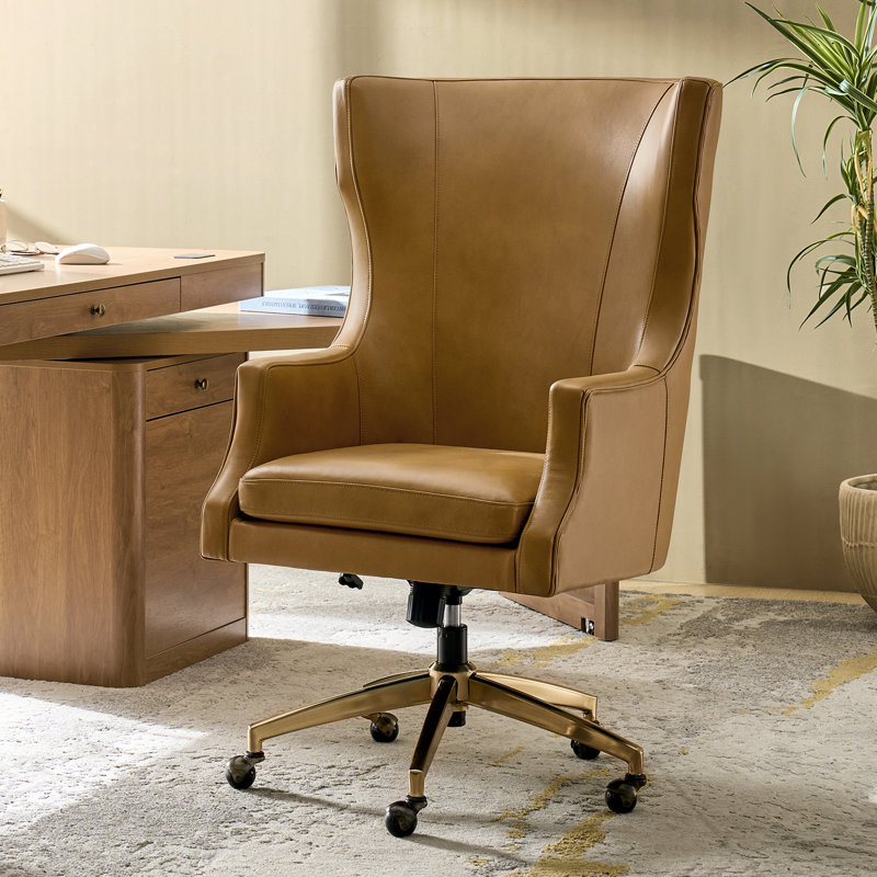 Heeg 47''H Transitional Genuine Leather Swivel Adjustable Height Tilting Executive Chair with High Backrest, Camel