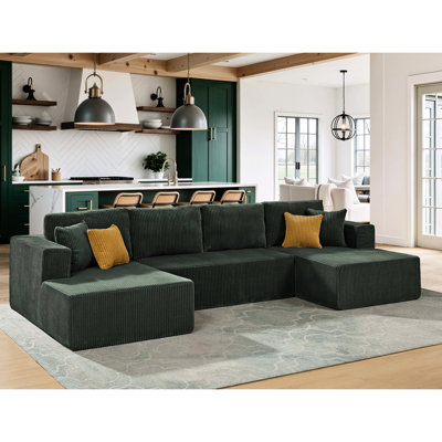 Canapé d'angle 4 places en velours côtelé foncé, entièrement compressé, double méridienne, aucun assemblage requis, rembourrage en mousse pour un soutien optimal, construction robuste, coussins décoratifs inclus.