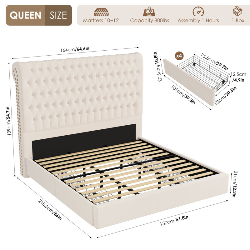 Kanisha Upholstered Storage Bed with Button Tufted Velvet Headboard, 4 Drawers
