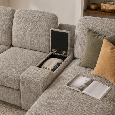 Canapé modulaire en L de 82 po avec méridienne réversible et console de rangement centrale Champlost, canapé en chenille 3 places avec pieds en bois d'hévéa
