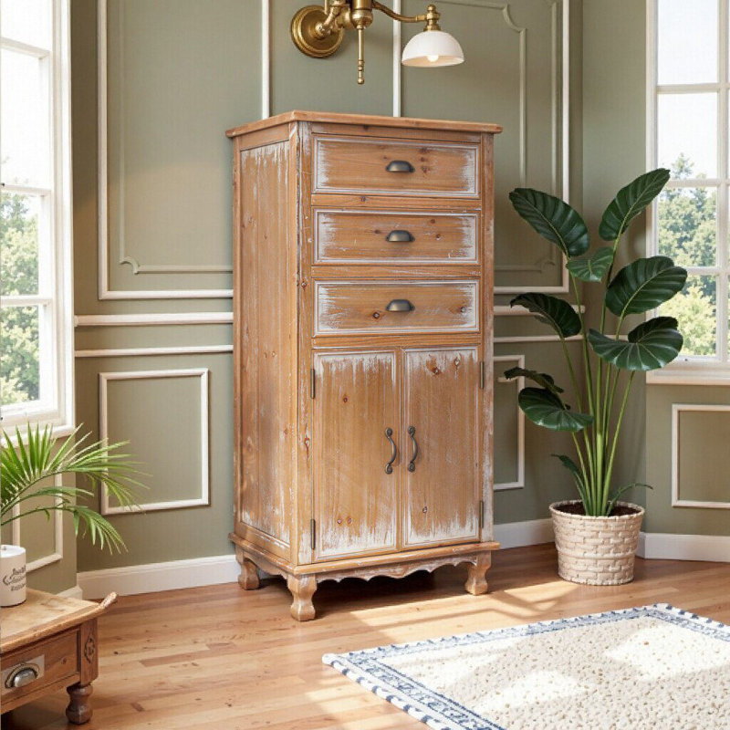 Armoire de rangement en bois rustique avec porte découpée et tiroirs Unavela, Bois naturel