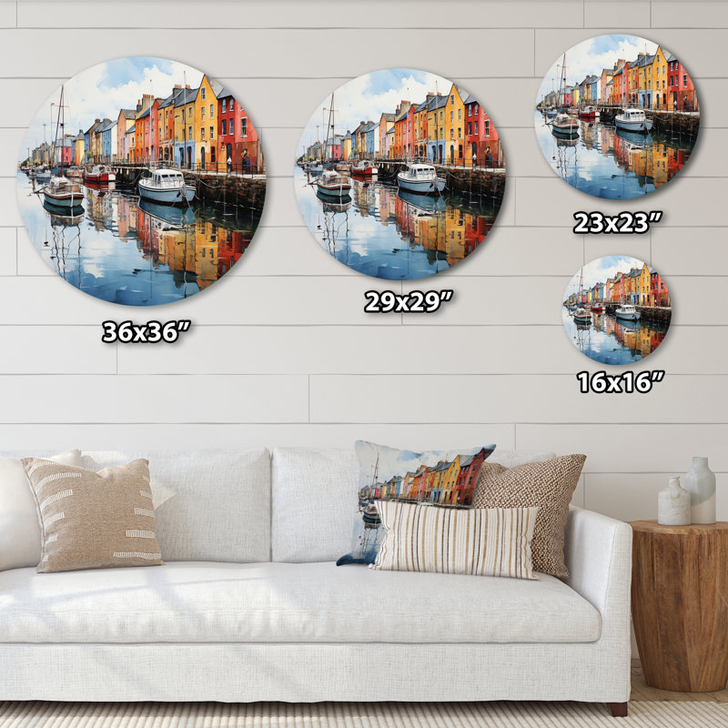 Acrylique d'Irlande port Reflectionsan II - paysages d'art rond en métal, H 23 po x l 23 po
