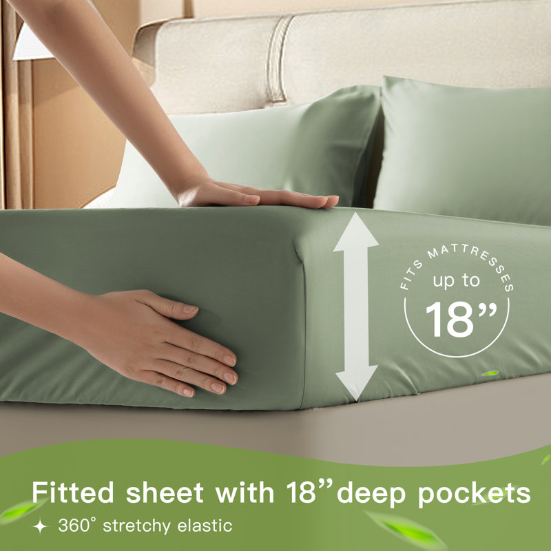 6 Pieces Bamboo Cooling Bed Sheets Set - 16" Deep Pockets, CalKing Sheet Set + 1 Fitted Sheet + 4 Pillowcase, Sage Green
