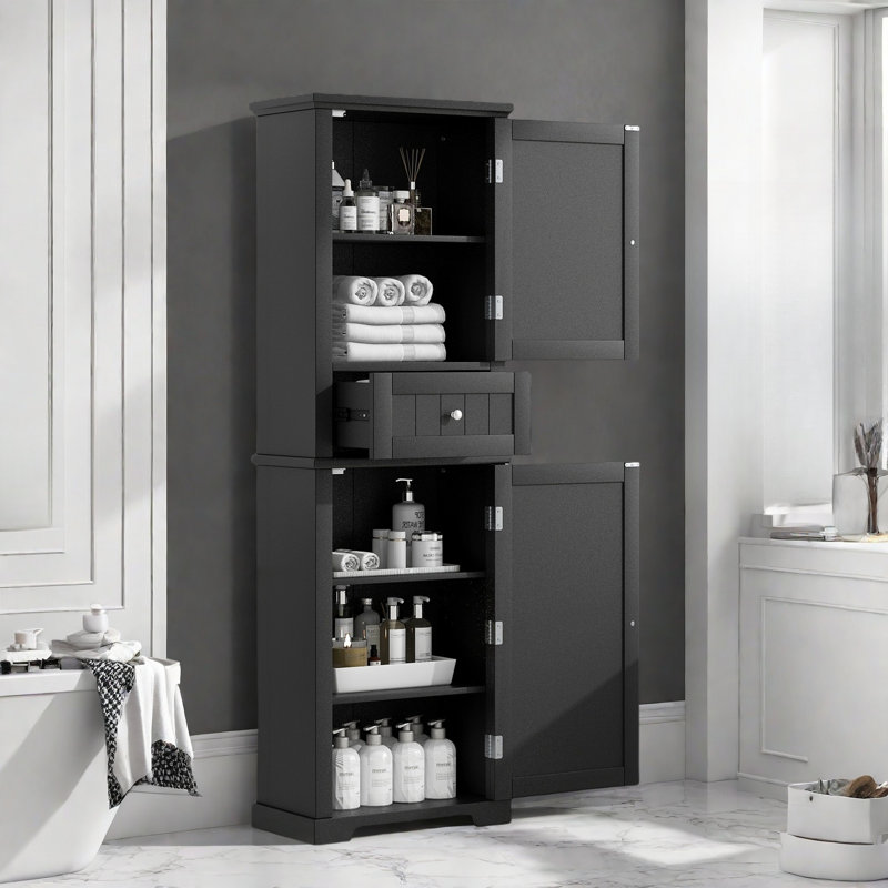 Grande armoire de rangement pour salle de bain avec tiroir, armoires de rangement et tablette réglable, conception à rayures verticales