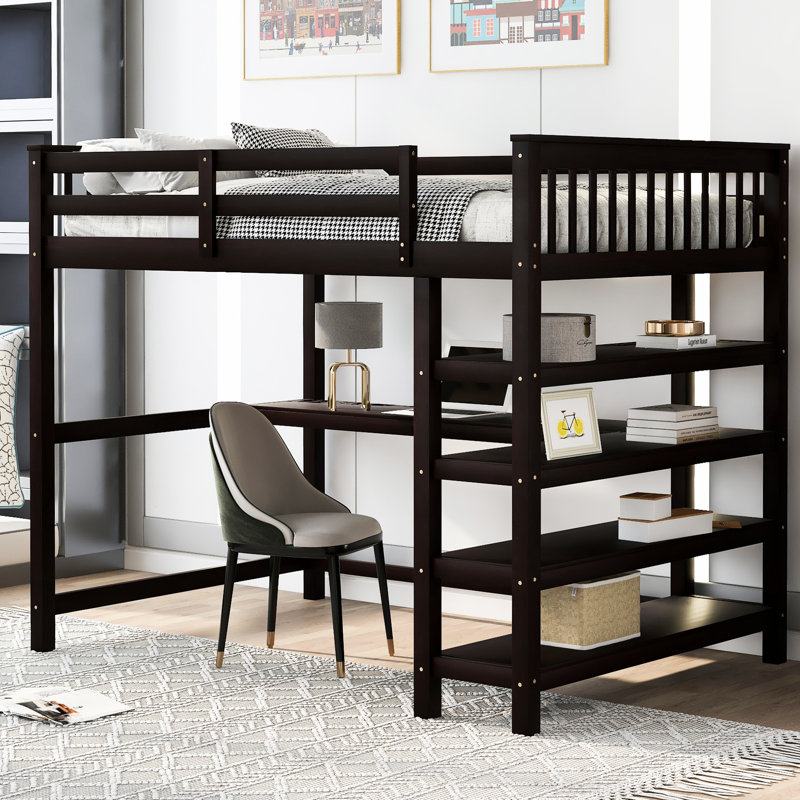 Lit mezzanine double. Comprend des tablettes sous le bureau et des tablettes de rangement. Taille du lit Livré avec une tablette.
