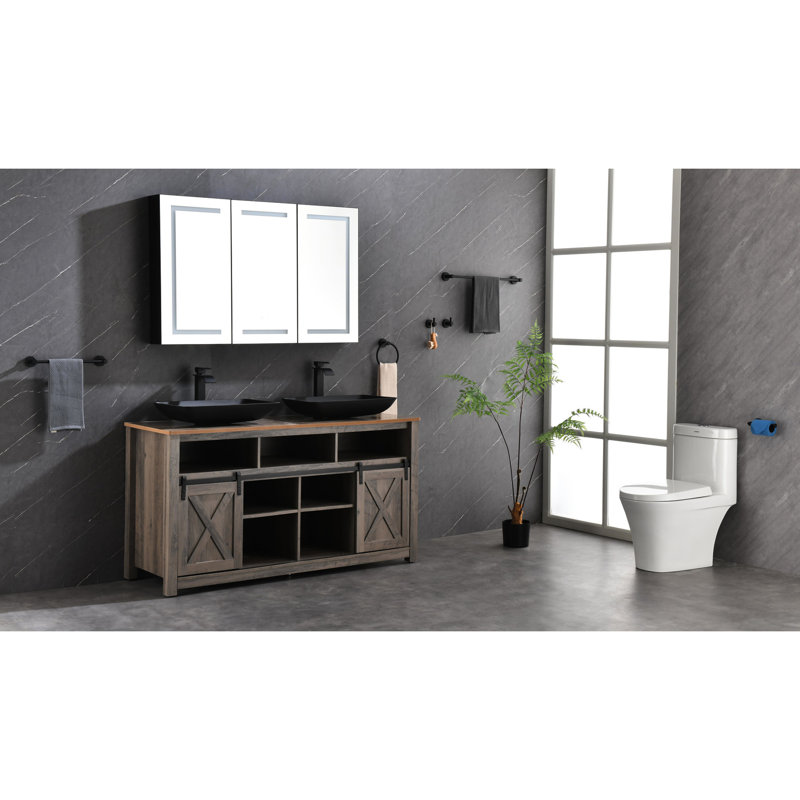 Pharmacie pour salle de bain 48 "x 30" avec lumières, gradateur, horloge, présentoir de température et bac de rangement en aluminium noir mat