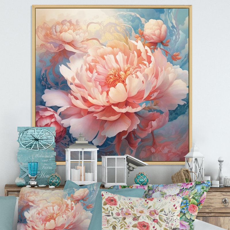 «Pink Peony Visons I», reproduction sur toile, H 16 po x l 16 po x P 1 po, Cadre naturel flottant