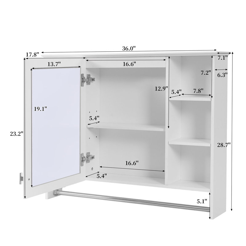Armoire de salle de bain avec miroir, rangement pour pharmacie blanc avec tablettes ouvertes et barre à serviettes