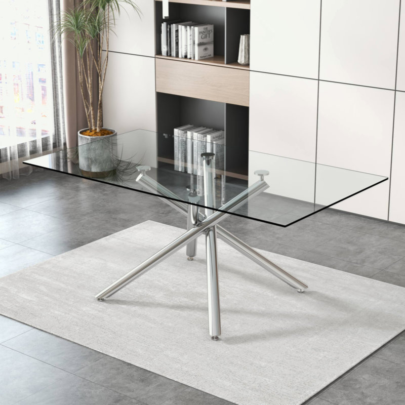 Large Modern Minimalist Rectangular Glass Dining Table with 0.39" Tempered Glass Tabletop and Chrome Metal Legs, for Kitchen Dining Living Meeting Room Banquet hall