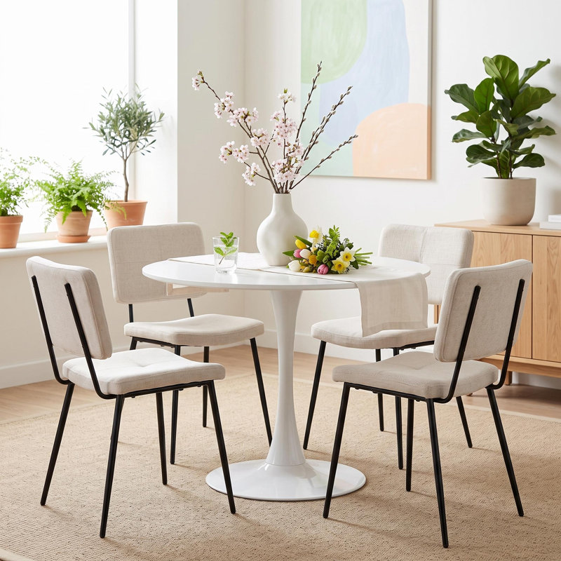 Ensemble de réception moderne 5 pièces avec table à piédestal ronde et chaises d'invité rembourrées, Blanc / beige