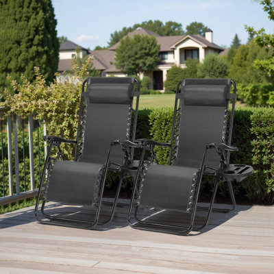 Zero Gravity Chairs, Set Of 2 Portable Recliner Beach Camping Patio Outdoor Folding Lounge Chair With Cup Holder Trays And Adjustable Pillow For Pools by Arlmont & Co.