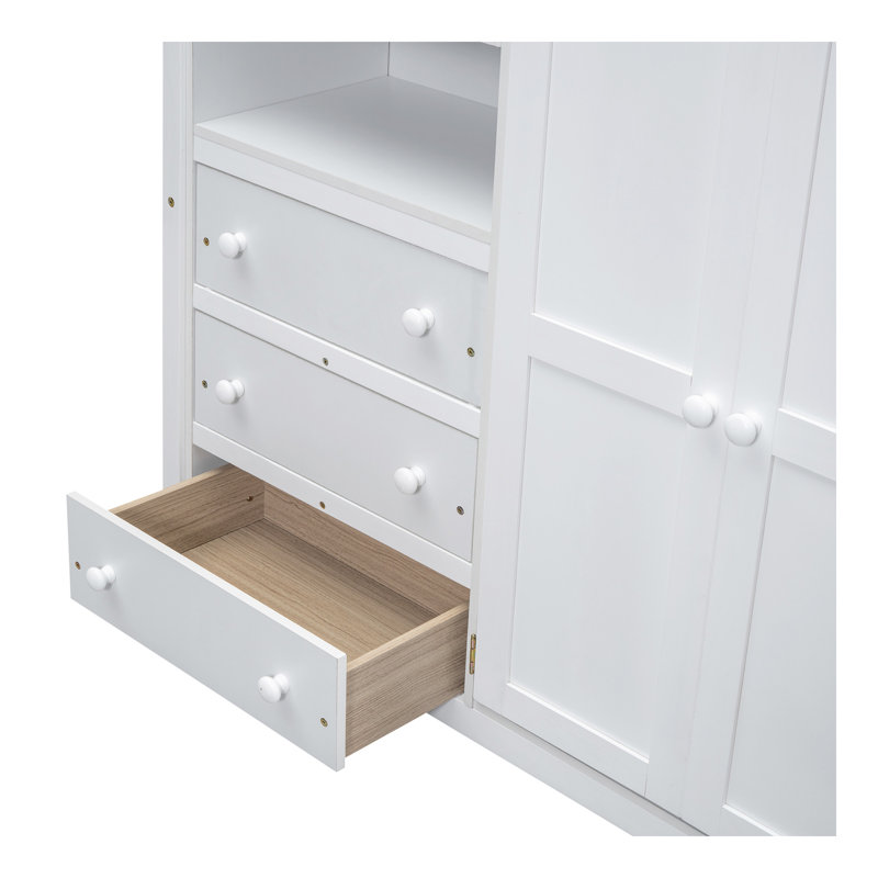 Lit mezzanine double en bois avec garde-robe intégrée, bureau, tablettes et tiroirs, blanc