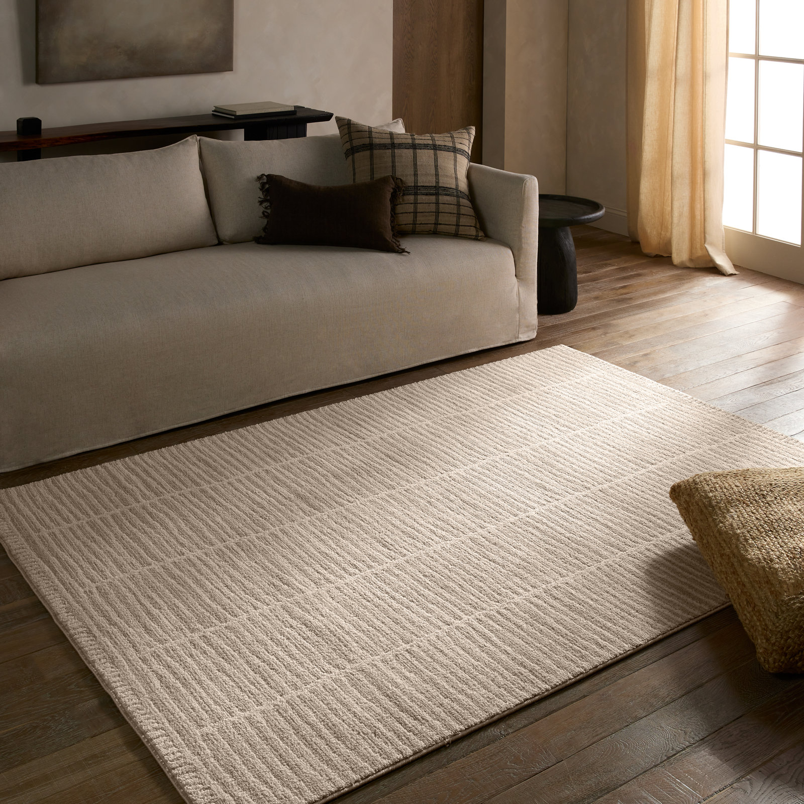 Loehrke Tan Taupe Striped Rug, Rectangle 9'6" x 13'6"