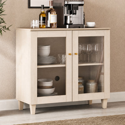 Lysiane 35" Small Sideboard Buffet Cabinet With Glass Doors, Modern Wood Kitchen Credenza Storage Cabinet With Adjustable Shelf For Living Room, Dining Room