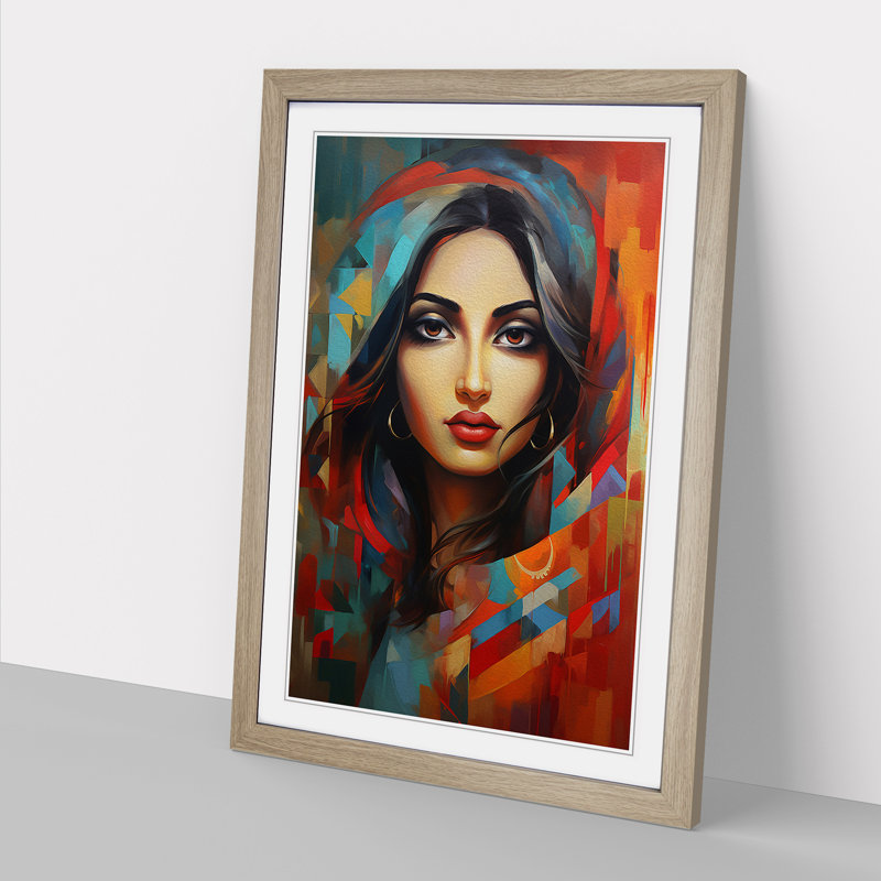 Indian Woman Expressionism - Framed Print, 34cm H x 25cm W x 2cm D, Oak