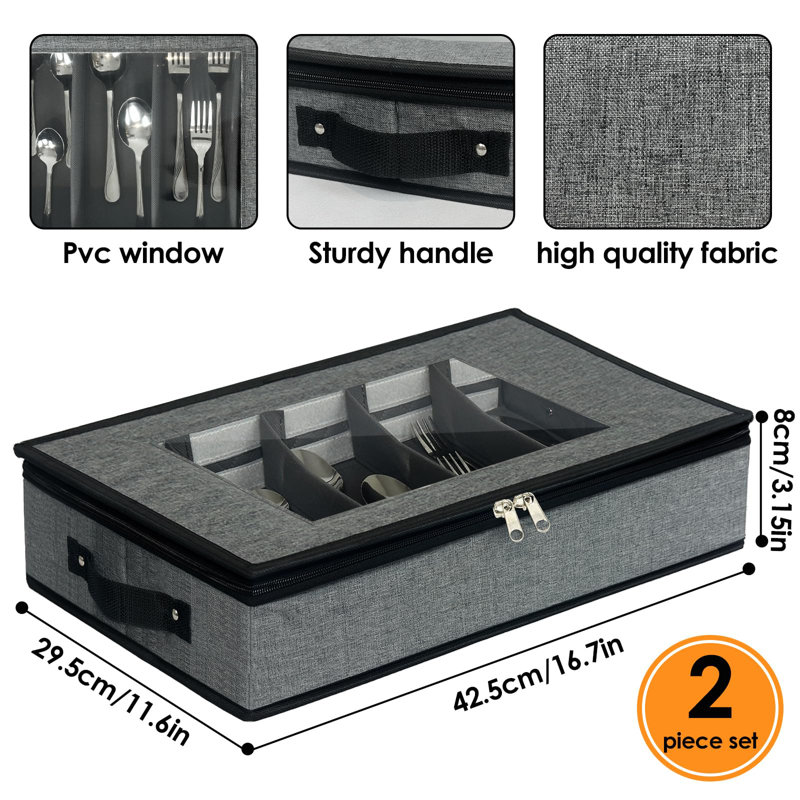 Ensemble de 2 ustensiles de rangement pour couverts - boîte de rangement pour couverts avec cloisons, étui à couverts à 5 compartiments avec poignées et couvercle amovible (gris foncé)