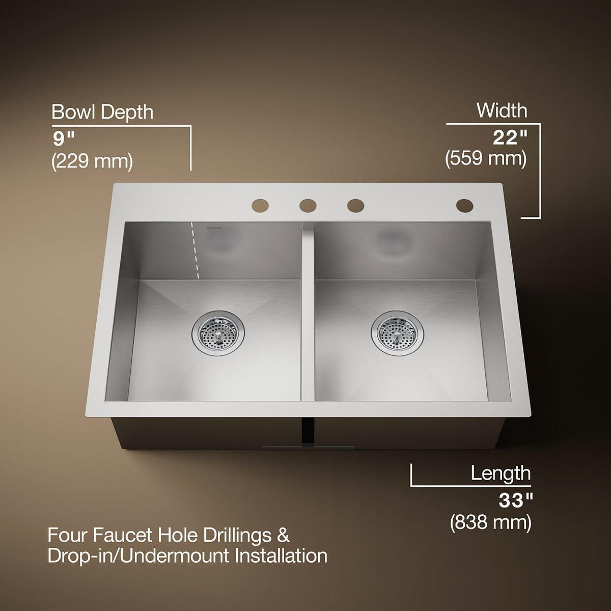 Vault Double Bowl Kitchen Sink, 4 Holes