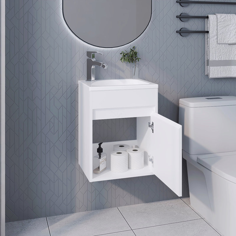 Meuble-lavabo flottant pour salle de bain avec lavabo et 1 porte, Blanc
