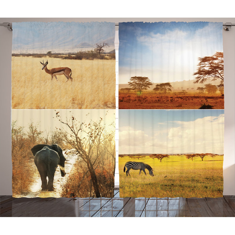 Safari Collages with Native Wild Savannah Animals Exotic Lands Lonely Planet 2 Piece Semi Sheer Curtain Set