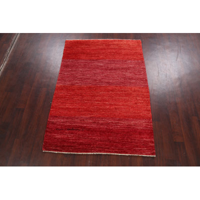 Tapis rouge en laine noué à la main de conception unique 4 pi 3 po x 6 pi 1 po New Age