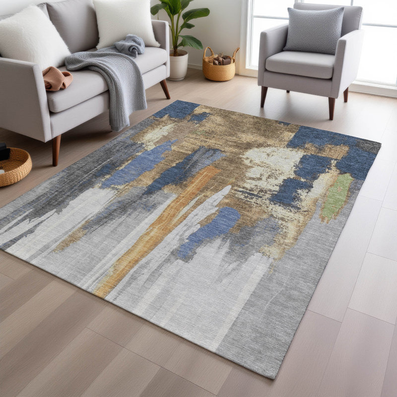 Tapis bleu marine Xhevrie intérieur / extérieur lavable à la machine, Rectangle 10 pi x 14 pi