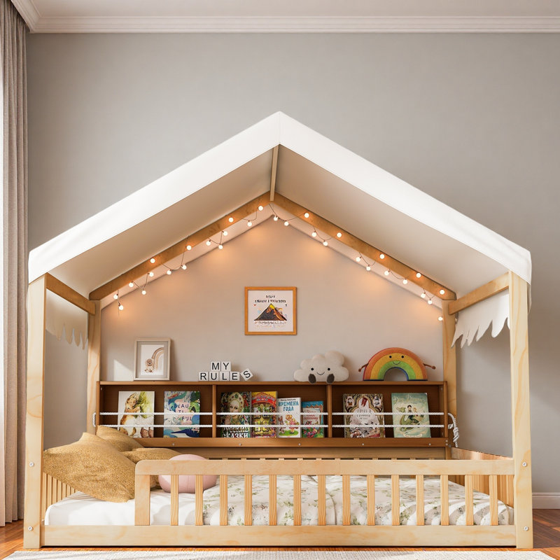 Lit en bois avec auvent, 3 étagères de rangement et lumière DEL, Naturel / naturel